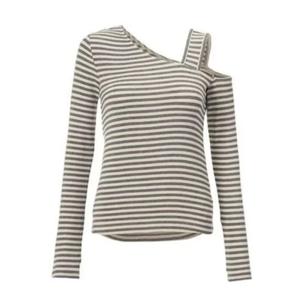Cabi #4568 Dare Tee Style Gray & Off white Stripe Rib Knit Top Size Medium